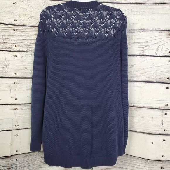 Maurices Women’s Size 1 Navy Blue Open Front Knit Cardigan Crochet Yoke Pockets - Picture 4 of 7